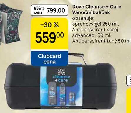 Dove Cleanse + Care Vánoční balíček obsahuje: Sprchový gel 250 ml. Antiperspirant sprej advanced 150 ml. Antiperspirant tuhý 50 ml
