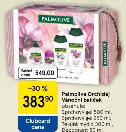 Palmolive Orchidej Vánoční balíček obsahuje: Sprchový gel 500 ml. Sprchový gel 250 ml. Tekuté mýdlo 300 ml, Deodorant 50 ml