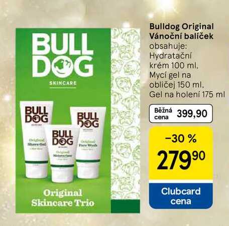 Bulldog Original Vánoční balíček obsahuje: Hydratační krém 100 ml. Mycí gel na obličej 150 ml. Gel na holení 175 ml