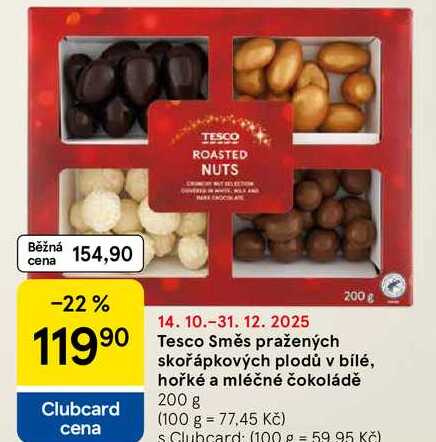 Tesco Směs pražených skořápkových plodů v bílé, hořké a mléčné čokoládě, 200 g  