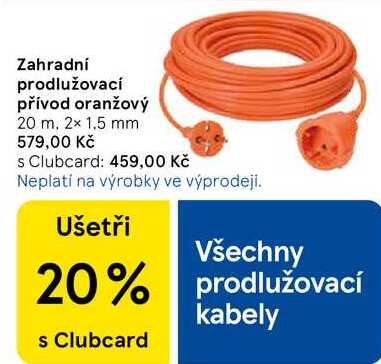 Zahradní prodlužovací přívod oranžový 20 m, 2x 1,5 mm