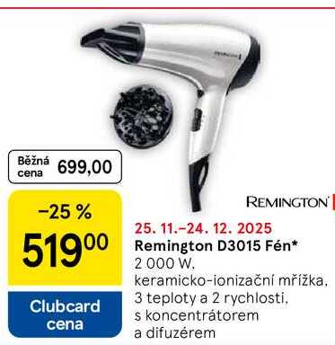 Remington D3015 Fén, 2000 W, keramicko-ionizační mřížka, 3 teploty a 2 rychlosti. s koncentrátorem a difuzérem 