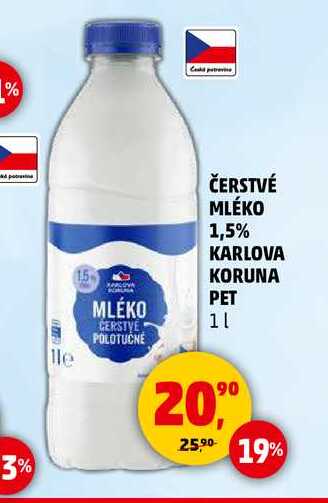 ČERSTVÉ MLÉKO 1,5% KARLOVA KORUNA PET, 1 l