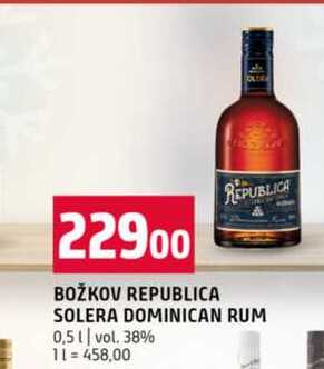 BOŽKOV REPUBLICA SOLERA DOMINICAN RUM 0,5l vol. 38%