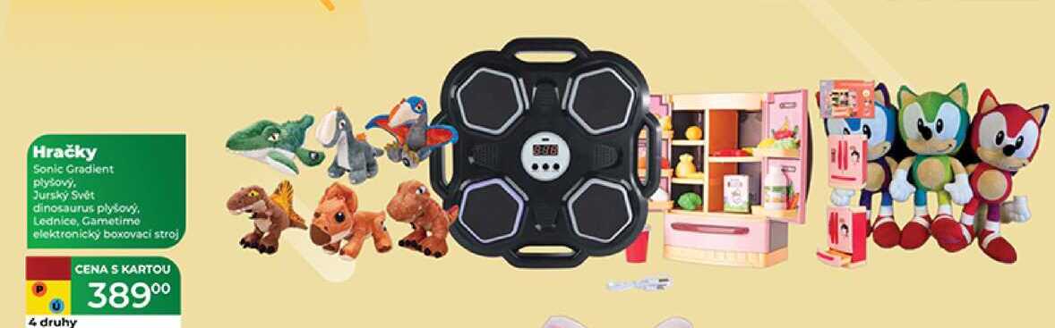 Hračky Sonic Gradient plysový, Jurský Svět dinosaurus plyšový. Lednice, Gametime elektronický boxovací stroj