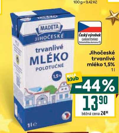 Jihočeské trvanlivé mléko 1,5% 1l v akci