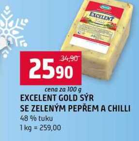 XCELENT GOLD SÝR SE ZELENÝM PEPŘEM A CHILLI 48% tuku 100g