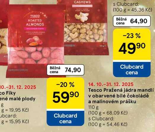 Tesco Pražená jádra mandlí v obarvené bílé čokoládě a malinovém prášku, 110 g