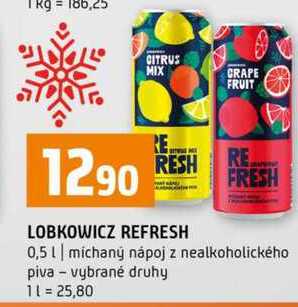 LOBKOWICZ REFRESH 0,5l míchaný nápoj z nealkoholického piva vybrané druhy