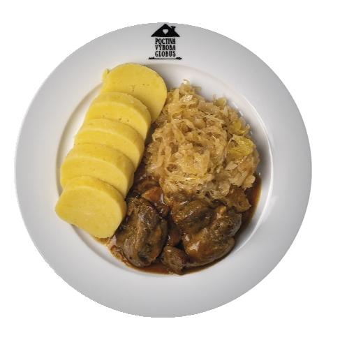 Vepřový vrabec s kysaným zelím a bramborovými knedlíky