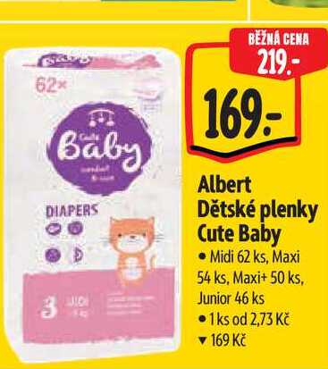   Albert Dětské plenky Cute Baby Midi 62 ks, Maxi 54 ks, Maxi+ 50 ks, Junior 46 ks 