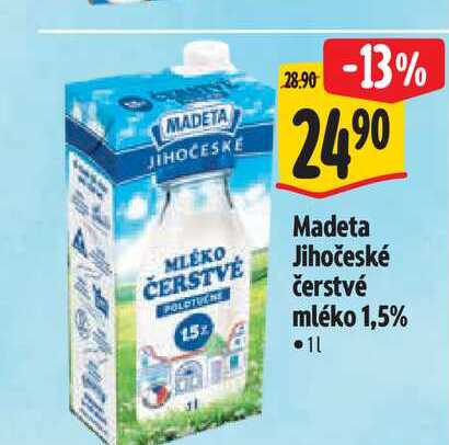 Madeta Jihočeské čerstvé mléko 1,5% 1 l