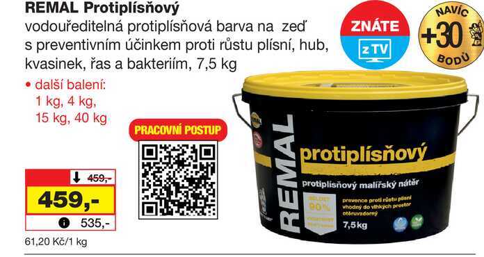 REMAL Protiplísňový vodouředitelná protiplísňová barva na zeď s preventivním účinkem proti růstu plísní, hub, kvasinek, řas a bakteriím, 7,5 kg