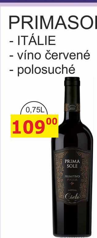 PRIMASOLE PRIMITIVO - ITÁLIE - víno červené - polosuché 0,75L 