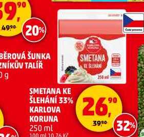 SMETANA KE ŠLEHÁNÍ 33% KARLOVA KORUNA, 250 ml  v akci