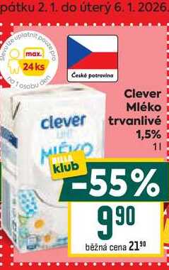 Clever Mléko trvanlivé 1,5% 1l 