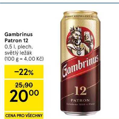 Gambrinus Patron 12, 0.5 l, plech. světlý ležák 