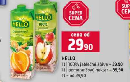 HELLO 100% jablečná šťáva  pomerančový nektar 1l