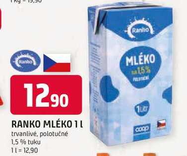 RANKO MLÉKO 1l trvanlivé, polotučné 1,5% tuku