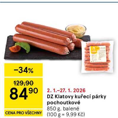 DZ Klatovy kuřecí párky pochoutkové, 850 g, balené 