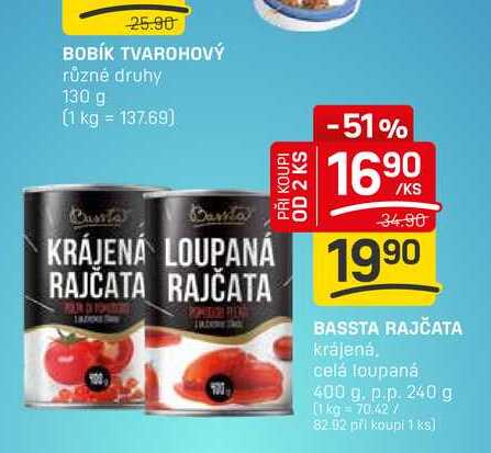 BASSTA RAJČATA krájená. celá loupaná 400 g. p.p. 240 g 