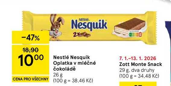 Nestlé Nesquik Oplatka v mléčné čokoládě, 26 g 