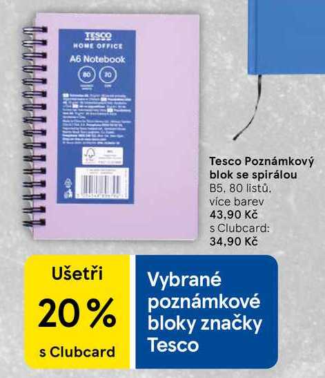Tesco Poznámkový blok se spirálou B5, 80 listů. více barev 