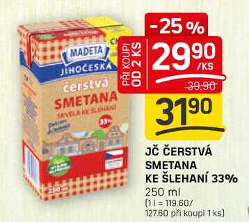 JČ ČERSTVÁ SMETANA KE ŠLEHANÍ 33% 250 ml