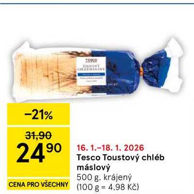 Tesco Toustový chléb máslový, 500 g. krájený 