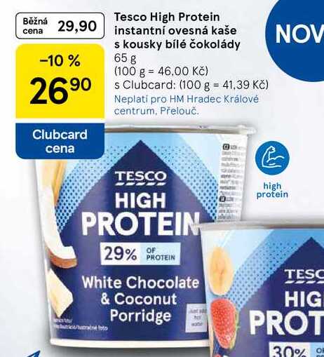 Tesco High Protein instantní ovesná kaše s kousky bílé čokolády, 65 g  