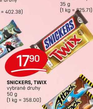 SNICKERS, TWIX vybrané druhy 50g
