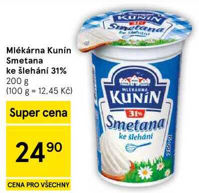 Mlékárna Kunín Smetana ke šlehání 31%, 200 g