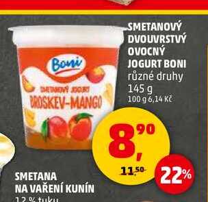 SMETANOVÝ DVOUVRSTVÝ OVOCNÝ JOGURT BONI, 145 g