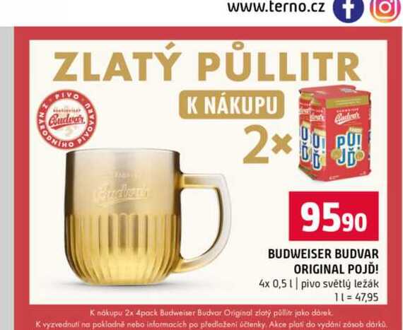 BUDWEISER BUDVAR ORIGINAL POJĎ! 4x 0,5l pivo světlý ležák 