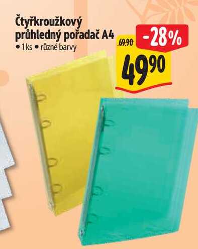 Čtyřkroužkový průhledný pořadač A4 