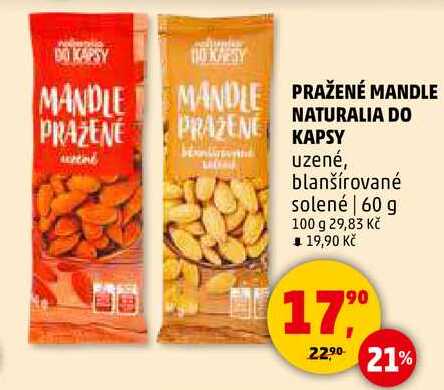 PRAŽENÉ MANDLE NATURALIA DO KAPSY uzené, blanšírované solené, 60 g 