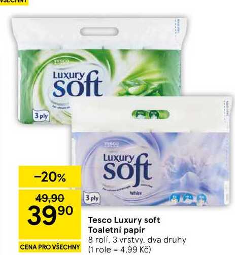 Tesco Luxury soft Toaletní papír, 8 rolí, 3 vrstvy
