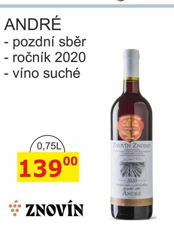 ZNOVÍN ZNOJMO 0,75L ANDRÉ pozdní sběr, ročník 2020, víno suché 