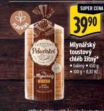   Mlynářský toustový chléb žitný  balený 450 g 