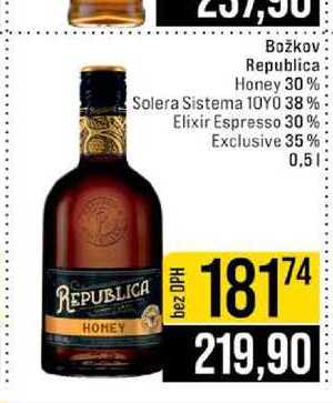 Božkov Republica Honey 30% Solera Sistema 10YO 38% Elixir Espresso 30% Exclusive 35% 0,5l