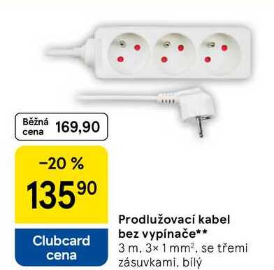 Prodlužovací kabel bez vypínače, 3 m. 3× 1 mm², se třemi zásuvkami, bílý