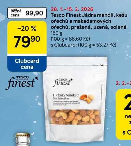 Tesco Finest Jádra mandlí, kešu ořechů a makadamových ořechů, pražená, uzená, solená, 150 g 