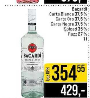 Bacardi Carta Blanca 37,5% Carta Oro 37,5% Carta Negra 37,5% Spiced 35% Razz 27% 1l