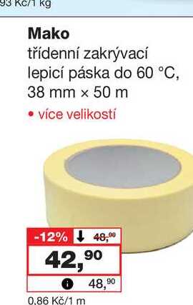 Kč/1 kg Mako třídenní zakrývací lepicí páska do 60 °C, 38 mm x 50 m