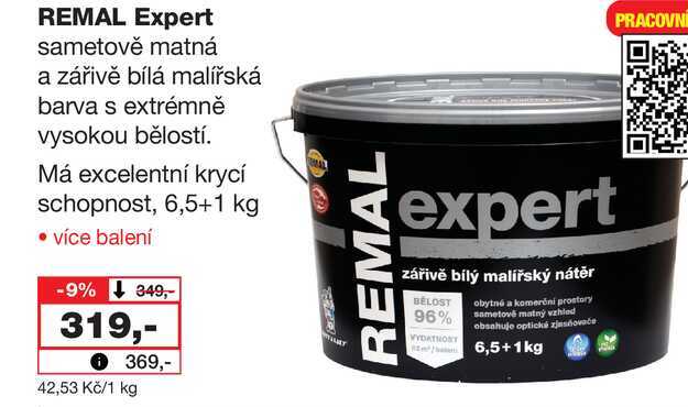 REMAL Expert sametově matná a zářivě bílá malířská barva s extrémně vysokou bělostí. Má excelentní krycí schopnost, 6,5+1 kg 