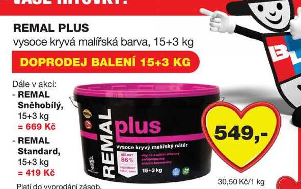REMAL PLUS vysoce kryvá malířská barva, 15+3 kg 
