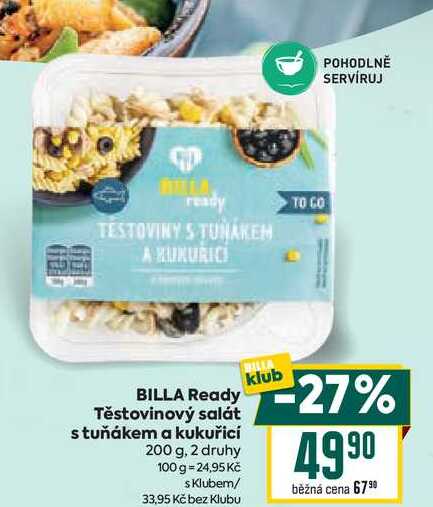 BILLA Ready Těstovinový salát s tuňákem a kukuřicí 200 g