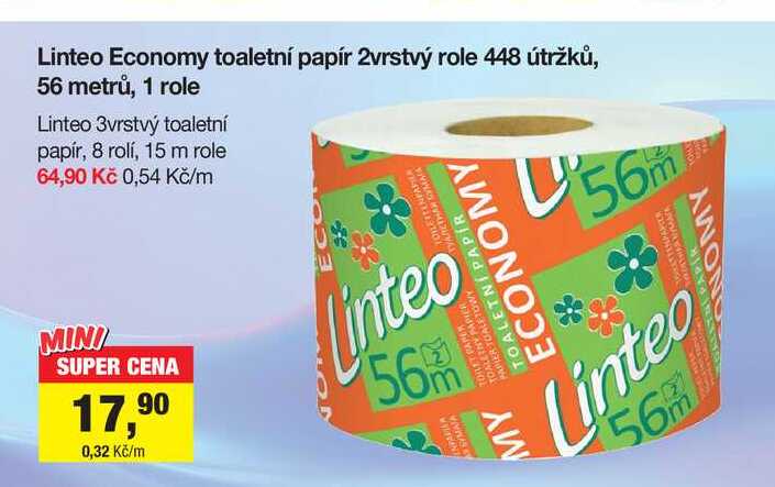 Linteo Economy toaletní papír 2vrstvý role 448 útržků, 56m, 1 role