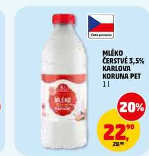 MLÉKO ČERSTVÉ 3,5% KARLOVA KORUNA PET, 1 l
