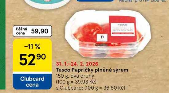 Tesco Papričky plněné sýrem, 150 g. dva druhy  